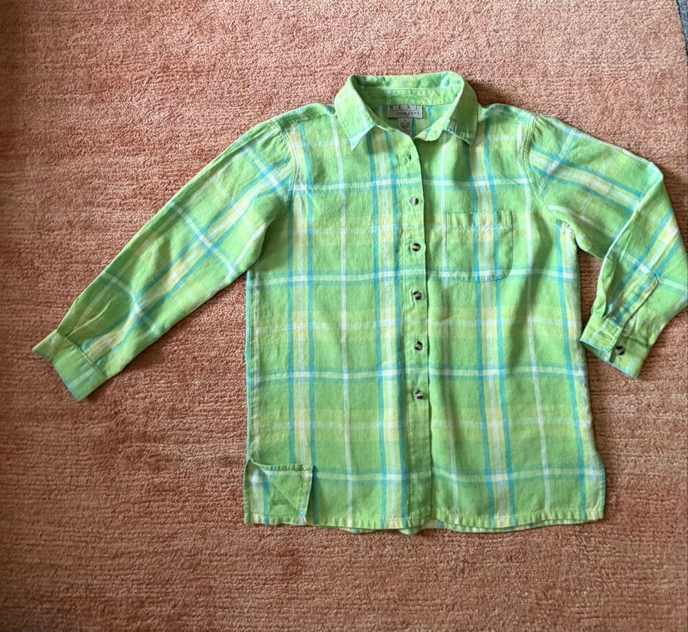 Real Comfort 100% Linen Plaid Button Down Shirt Green Size M